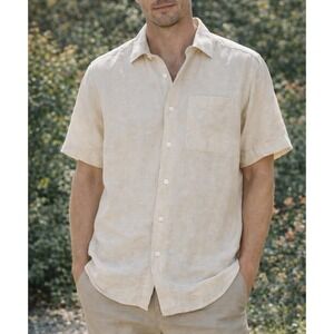 Hugo Boss Mens Straight Fit Linen Short Sleeve Button Down Shirt Beige Large